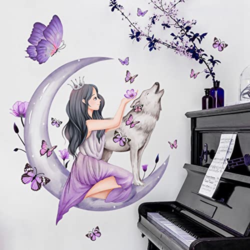 OOTSR Wandsticker für Mädchenzimmer, Mond Wolf Blume Fee Wandabziehbild, Rosa Blumen Wandtattoo Schmetterlinge Wanddekoration für Mädchen Baby Kinderzimmer Schlafzimmer Spielzimmer