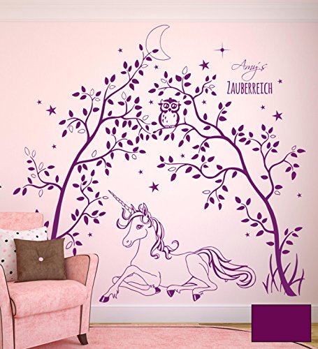 Wandtattoo Wandaufkleber Einhorn mit Bäumen Zauberreich Eule Sterne Mond Wunschname Name M1631 - ausgewählte Farbe: *Lila* - ausgewählte Größe: *XXXL - 180cm breit x 170cm hoch*