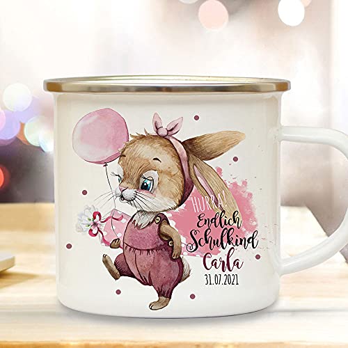 ilka parey wandtattoo-welt Emaille Becher Einschulung Camping Tasse Hasen Mädchen Spruch Hurra endlich Schulkind & Name Wunschname Wunschdatum Kaffeetasse Geschenk eb598