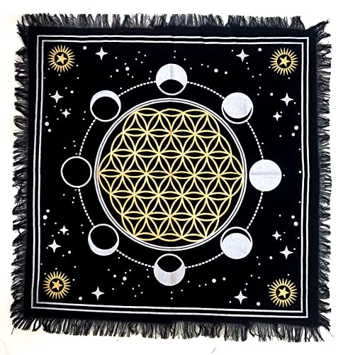 INDACORIFY Altar-Tischdecke mit Fransen Alter Tarot Hexerei Spread Tischdecke Meditations-Spirituelles heiliges Tuch 18 x 18 Zoll (Gold- und Silbermondphasen mit Blume des Lebens)