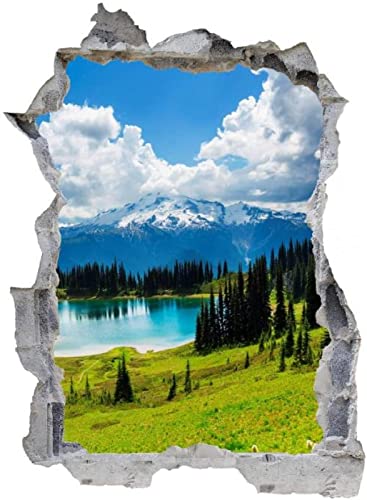 Gougeltd 3D-Effekt Wandtattoo Landschaft Berge Wiese See Aufkleber Durchbruch selbstklebendes Wandbild Wandsticker Stein Wanddurchbruch Wandaufkleber Tattoo 65x98cm