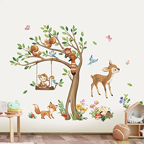 decalmile Wandtattoo Waldtiere Baum Wandaufkleber Hirsch Fuchs Affe Eichhörnchen Wandsticker Babyzimmer Kinderzimmer Schlafzimmer Wanddeko