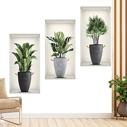 Grüne Pflanzen Wandsticker Selbstklebend,3D Wall Sticker Vase,Vases Wall Stickers For Living Room,Wandaufkleber Geeignet FüR Wohnzimmer, Schlafzimmer, Bad, KüChe Und Andere Orte(3 Stücke)