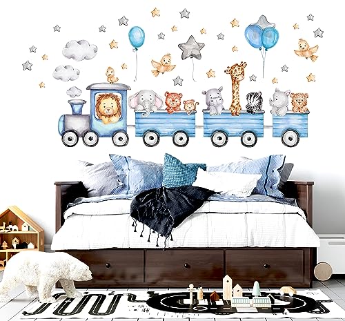 WONDER MURALS Wandtattoo Kinderzimmer Deko Mädchen Junge Baby Wandaufkleber Tiere Zug Blau Wandsticker Wanddeko Babyzimmer