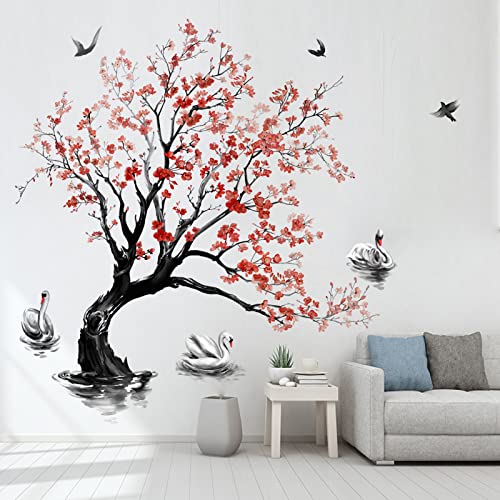 decalmile Wandtattoo Groß Blumen Baum Wandaufkleber Schwan Pfirsichblüte Baum Wandsticker Schlafzimmer Wohnzimmer Sofa TV Hintergrund Wanddeko(H:140cm)