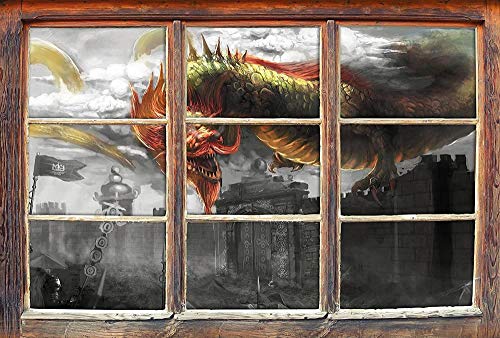 KAIASH 3D Wandsticker chinesischer Drache über der Festung Detail Fenster im 3D Look Wand oder Türaufkleber Wandsticker Wandtattoo Wanddekoration 62x42cm