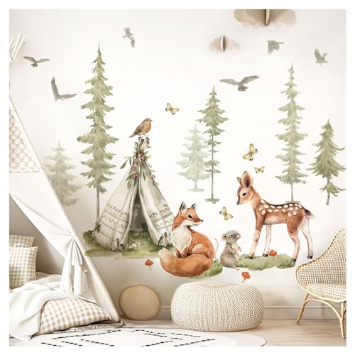 Little Deco Wandtattoo Waldtiere Kinderzimmer Wandsticker Bäume Set Wandaufkleber Tiere REH Fuchs Babyzimmer Schlafzimmer Deko DL5000A-05