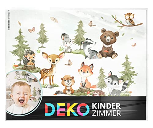 DEKO KINDERZIMMER Wandtattoo Baum Waldtiere Wandaufkleber REH Hase Fuchs Wandsticker Babyzimmer Kinderzimmer Wanddeko DK1110-4