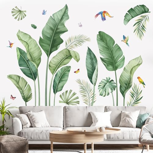 decalmile Wandtattoo Tropische Palme Blätter Wandaufkleber Bananenblätter Grüne Pflanzen Vögel Wandsticker Wohnzimmer Schlafzimmer Büros Wanddeko