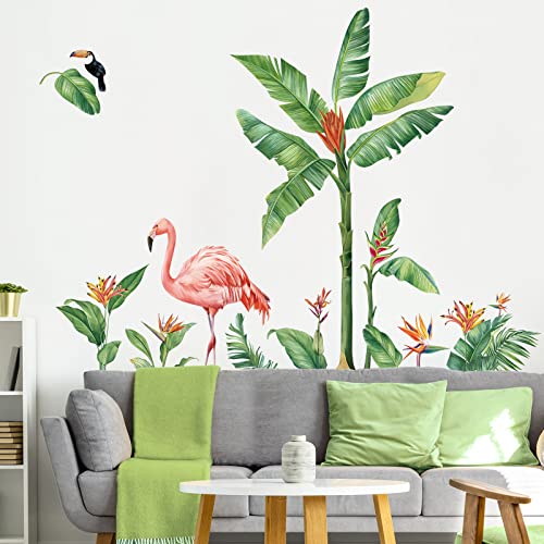 decalmile Wandtattoo Tropische Pflanzen Wandaufkleber Blätter Grüne Baum Flamingos Wandsticker Schlafzimmer Wohnzimmer Flur Wanddeko