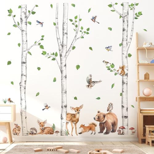 wondever Wandtattoo Baum Birke Groß Waldtiere Wandaufkleber Tiere Bär Rehe Füchse Wandsticker Wanddeko für Kinderzimmer Babyzimmer Schlafzimmer