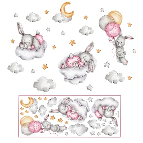 Wandtattoo Wandsticker, Hase Mond Wolke Ballon Wandaufkleber Lichtfarbe Babyzimmer Wandsticker Tiere Wandsticker Aquarell Kinder Wall Stickers für Mädchen Junge Schlafzimmer Wanddeko Schrank Deko