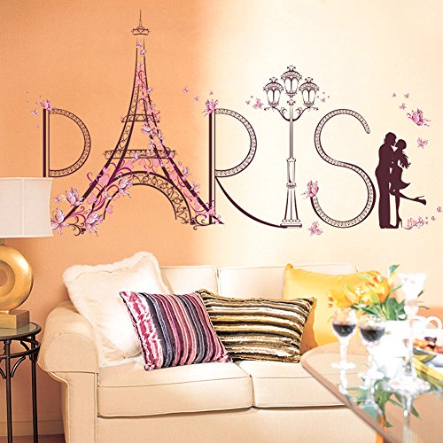 Wallpark Kreativ Rosa Blume Schmetterling Paris Eiffelturm Romantisch Küssen Liebhaber Abnehmbare Wandsticker Wandtattoo, Wohnzimmer Schlafzimmer Haus Dekoration Klebstoff DIY Kunst Wandaufkleber