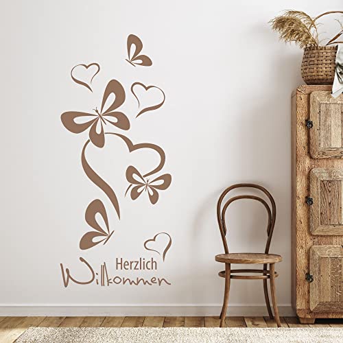 GRAZDesign Wandtattoo Flur Herzlich Willkommen Spruch, Schmetterlinge für Eingang, Wand Deko selbstklebende Klebefolie, Wohnzimmer, 68x30cm, 070 schwarz