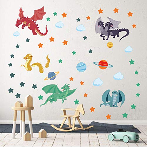 decalmile Wandtattoo Drache Bunter Wandsticker Planet Sterne Wandaufkleber Jungs Babyzimmer Kinderzimmer Spielzimmer Schlafzimmer Wanddeko