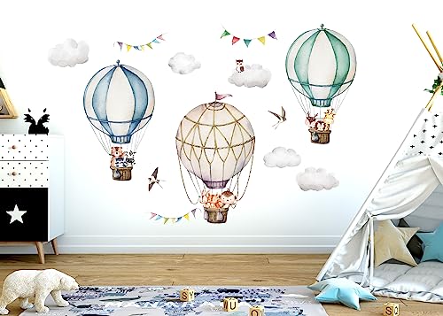 WONDER MURALS Wandtattoo Tiere Heißluftballon Deko Kinderzimmer Wandsticker Mädchen Junge Babyzimmer Wandaufkleber Wanddeko Selbst Aufkleben