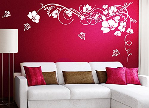 Grandora Wandtattoo Blumenranke & Schmetterlinge I weiß (BxH) 106 x 58 cm I Wohnzimmer Schlafzimmer Sticker Aufkleber Wandaufkleber Wandsticker W829