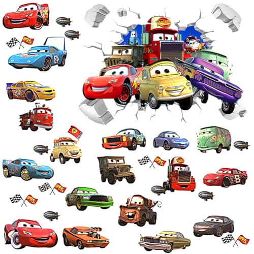 2pcs Cars Wandaufkleber,3D Karikatur Cars Wandtattoo, Lightning Wasserfest Wandaufkleber, Abnehmbare Aufkleber Wall Stickers, für Babyzimmer Wohnzimmer Schlafzimmer Kinderzimmer Hause Wanddekoration,B