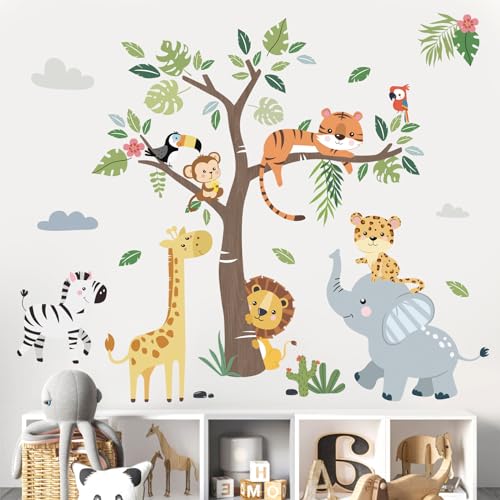 decalmile Wandtattoo Dschungel Waldtiere Baum Wandaufkleber Safari Elefant Giraffe Löwe Wandsticker Babyzimmer Kinderzimmer Schlafzimmer Wanddeko