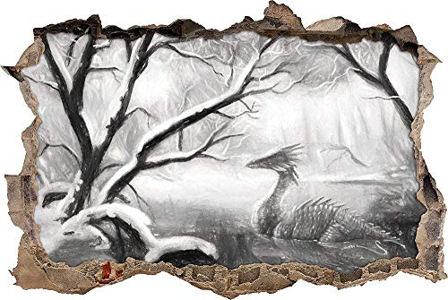 KAIASH 3D Wandsticker Drache im schneebedeckten Wald Kunst Kohle Effekt Wanddurchbruch im 3D Look Wand oder Türaufkleber Wandsticker Wandtattoo Wanddekoration 92x62cm