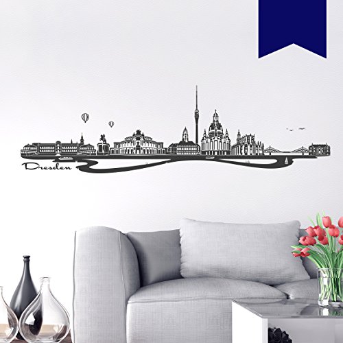 WANDKINGS Wandtattoo Skyline Dresden (mit Sehenswürdigkeiten und Wahrzeichen der Stadt) 150 x 42 cm dunkelblau - erhältlich in 33 Farben