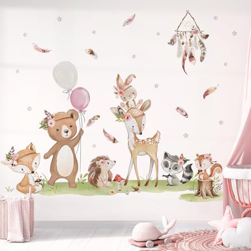 decalmile Wandtattoo Waldtiere Boho Wandaufkleber Hirsch Bär Fuchs Hase Wandsticker Babyzimmer Kinderzimmer Schlafzimmer Wanddeko