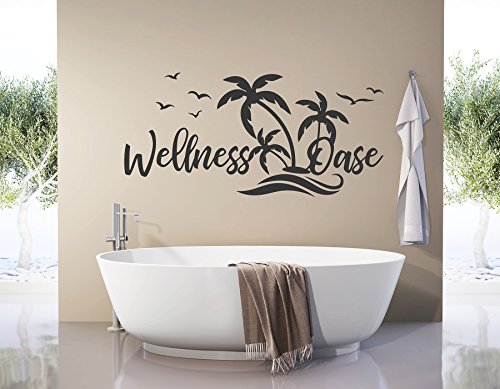 tjapalo® s-pkm401 xxl Wandtattoo Badezimmer mit Wandspruch Wellness Oase mit Palmen (B120 x H58 cm)