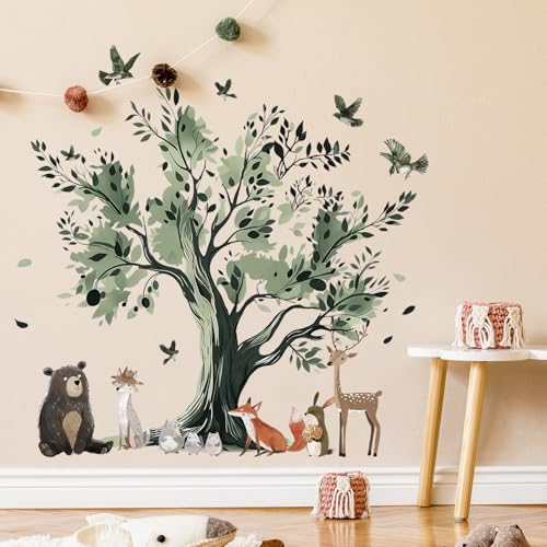 Wandtattoo Tiere Baum Wandaufkleber, Bär Hase Hirsch Waldtier Wandsticker, Wanddeko für Babyzimmer Schlafzimmer Wohnzimmer Spielzimmer Kinderzimmer