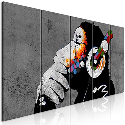 decomonkey Akustikbild Banksy 200x80 cm 5 Teilig Bilder Leinwandbilder Wandbilder XXL Schallschlucker Schallschutz Akustikdämmung Wandbild Deko leise Tiere AFFE Street Art Grau Musik Graffiti