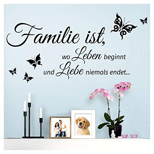 Grandora Wandtattoo Spruch Familie ist, wo Leben beginnt und Liebe Niemals endet... I braun (BxH) 80 x 40 cm I Wohnen Schmetterling Wandsticker W5548