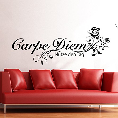 Grandora W710 Wandtattoo Spruch Carpe Diem Nutze den Tag + Schmetterling schwarz 120 x 46 cm