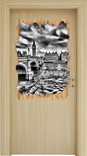 Stil.Zeit Monocrome, Themse London Big Pen Großbritannien Holzdurchbruch im 3D-Look, Wand- oder Türaufkleber Format: 92x62cm, Wandsticker, Wandtattoo, Wanddekoration