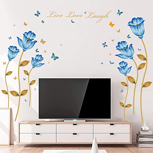 Tanlaby Blaue Blume Wandsticker Große Tulpe Wandtattoo Bunter Schmetterling Wandaufkleber für Wohnzimmer Schlafzimmer Büros Sofa Hintergrund Hause Wanddekoration