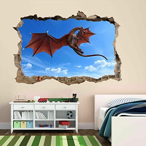 3D Wandtattoo -- Blauer Himmel Roter Drache -- Wandbild Wandsticker selbstklebend Wandmotiv Wohnzimmer Wand Aufkleber 80X125cm