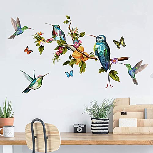 WandSticker4U®- vintage Wandsticker KOLIBRI auf dem BAUM AST (89x50 cm) I Wandtattoo Vögel auf Ast Schmetterlinge Retro I Wand Aufkleber Küche Wohn- & Schlafzimmer Bad Flur Deko