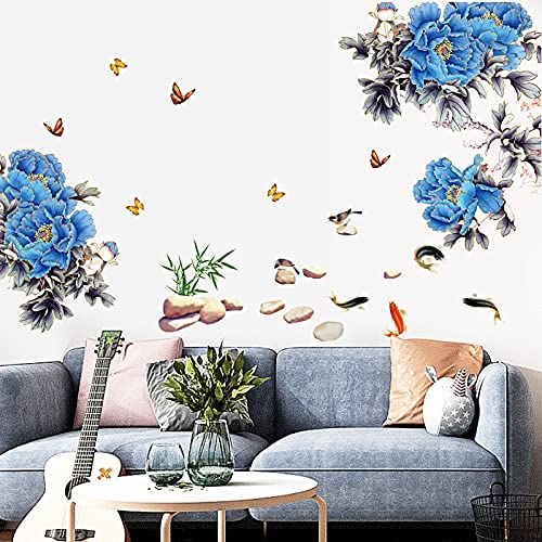 COVPAW® Wandtattoo Wandaufkleber XXL Pfingstrose Blau Peony Blumen Wandsticker Wandbild Bilder Wohnzimmer Schlafzimmer Deco