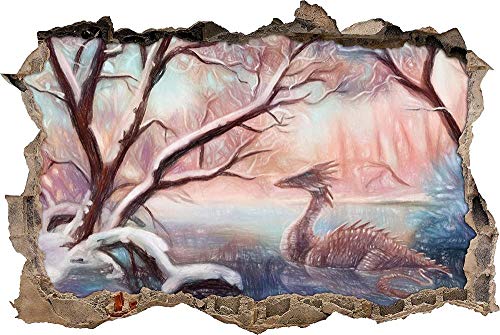 KAIASH 3D Wandsticker Drache im schneebedeckten Wald Kunst Buntstift Effekt Wanddurchbruch im 3D Look Wand oder Türaufkleber Wandsticker Wandtattoo Wanddekoration 62x42cm