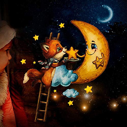 ilka parey wandtattoo-welt Fensterbild Weihnachtsdeko Weihnachten Fuchs mit Mond Sterne wiederverwendbar Fensterdeko Winter Fensterbilder Kinder Zimmer bf144 - ausgewählte Größe: *1. Fuchs mit Mond*