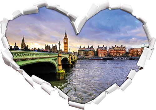 Stil.Zeit Themse London Big Pen Großbritannien Herzform im 3D-Look, Wand- oder Türaufkleber Format: 62x43.5cm, Wandsticker, Wandtattoo, Wanddekoration