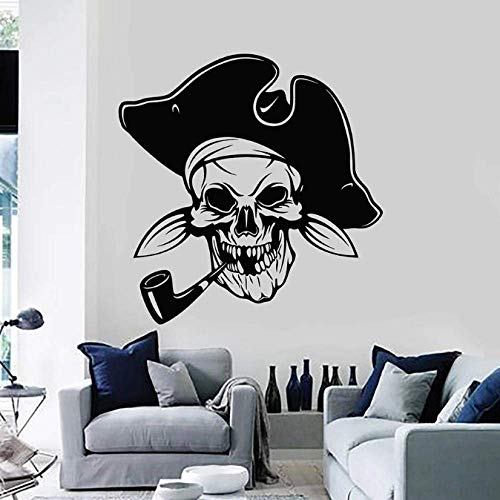 Lustige Piraten Wandtattoo Raucher Schädel Rohr Hut Meeresbrise Vinyl Fensteraufkleber Cool Boy Schlafzimmer Mann Höhlenkunst Dekoration 57X58 Cm