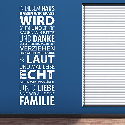 Wandtattoo In diesem Haus haben wir Spaß, wird gelebt und geliebt sagen wir bitte und danke, sind wir alle eine Familie | Farbe türkis, Größe 63x180cm