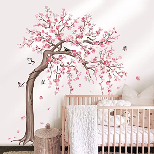 wondever Wandtattoo Baum Groß Kirschblüte Wandaufkleber Blumen Rosa Vögel auf Ast Wandsticker Wanddeko für Wohnzimmer Schlafzimmer Sofa Hintergrund (H: 162cm）