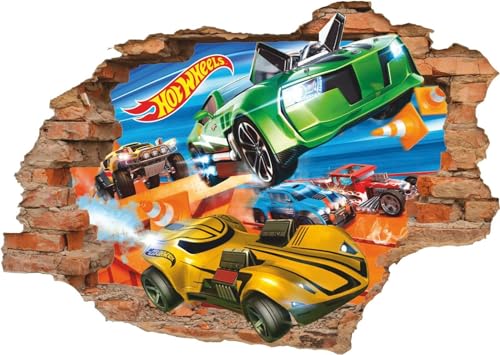 BOKNI Wandtattoo Hot Wheels Cars Kids Boys 3D Smashed Wall View Aufkleber Poster Wandbild