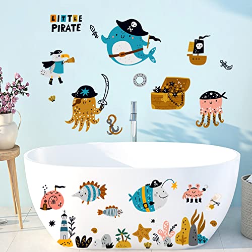 WandSticker4U®- Wandtattoo PIRATEN Kinderzimmer (70x52 cm) I Meereswelt Wandsticker Schatztruhe Deko I Wanddeko für Badezimmer & Kinderzimmer Junge Mädchen Unterwasser Welt Aufkleber Bad