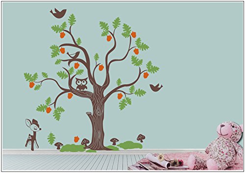 Deco-idea Wandtattoo wandaufkleber wandsticker kinderzimmer Baum Eulen Vogel Deer wbm36(056 lichtblau, Grosse1:Baum 30cm x30cm (Hoch))