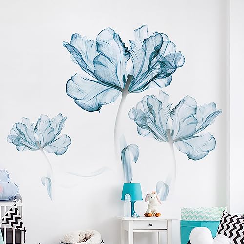 Runtoo Wandtattoo Blumen Groß Wandsticker Mohnblumen Blau Blüten Wandaufkleber Wohnzimmer Schlafzimmer Kinderzimmer Babyzimmer Flur Wanddeko