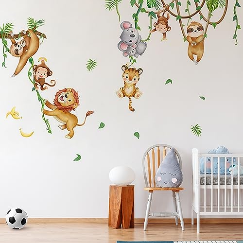 Moorle Wandtattoo Safari Tiere, Dschungel Tiere Wandsticker Junge, Baby Wandtattoo Karikatur, Wandaufkleber Set mit Reben Löwe Affen Koala Tiger, Wanddeko für Babyzimmer Kinderzimmer Schlafzimmer