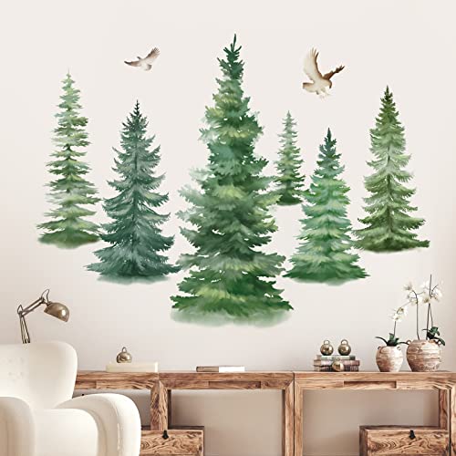 decalmile Wandtattoo Baum Große Aquarell Kiefer Wandaufkleber Grüne Pflanzen Wandsticker Wohnzimmer Kinderzimmer Schlafzimmer Wanddeko (H: 95cm)