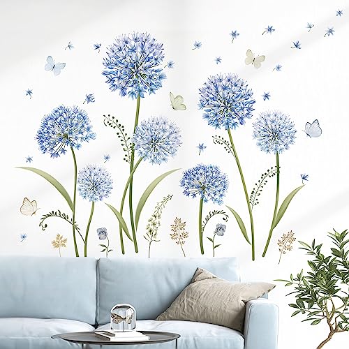 decalmile Wandtattoo Blumen Blau Löwenzahn Wandaufkleber Pusteblumen Schmetterling Wandsticker Wohnzimmer Schlafzimmer Badezimmer Wanddeko