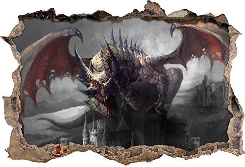 KAIASH 3D Wandsticker der Drache auf der Festung Detail Wanddurchbruch im 3D Look Wand oder Türaufkleber Wandsticker Wandtattoo Wanddekoration 92x62cm